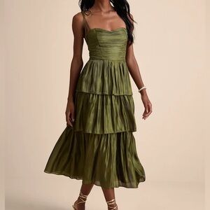 Lulu's Olive Green Tiered Midi Dress